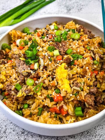 Ground Beef Fried Rice served in a white bowl.