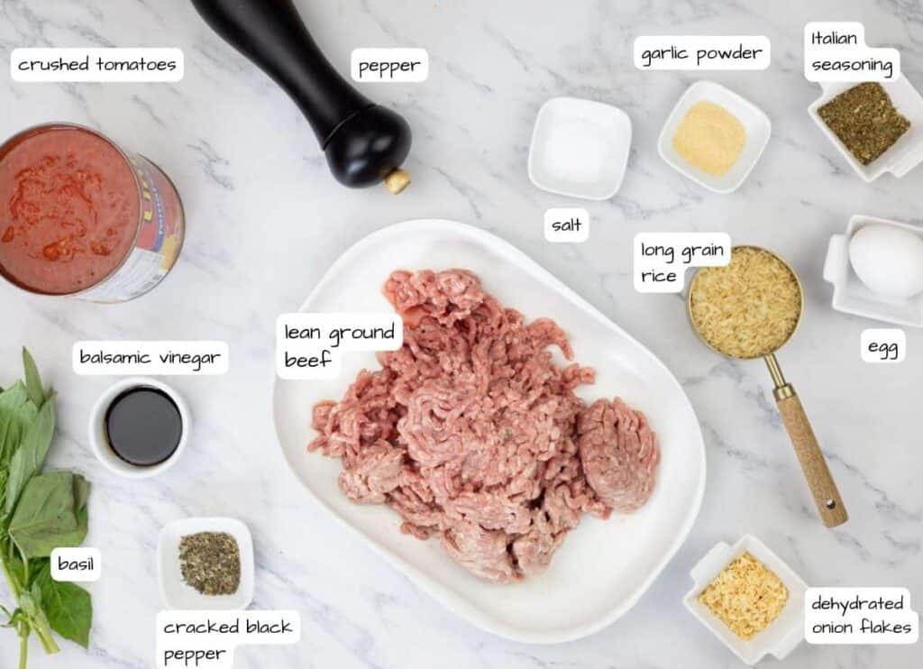 Slow Cooker Porcupine Meatballs ingredients with labels.