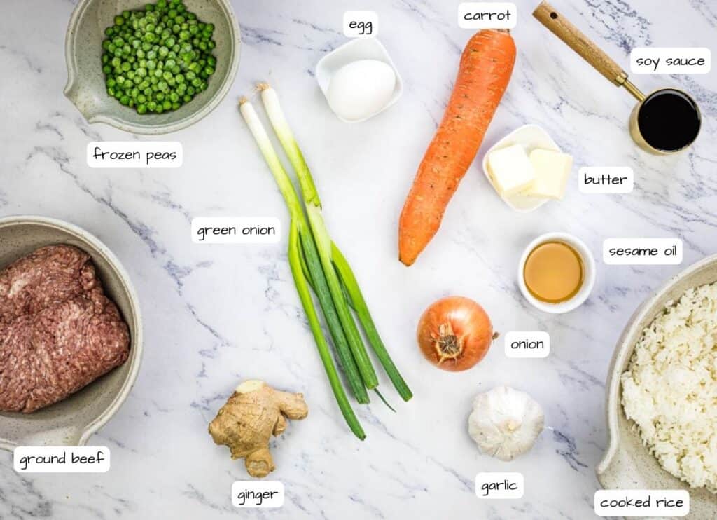 Ingredients with labels for Ground Beef Fried Rice.