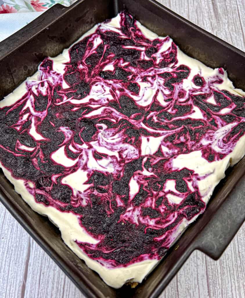 No-Bake Blueberry Cheesecake on a pan.