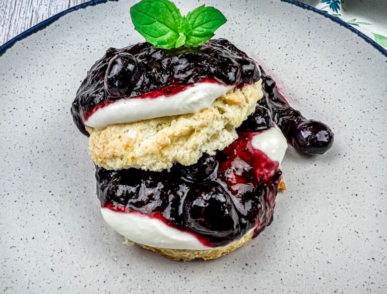 Close-up of blueberry shortcake on a plate.