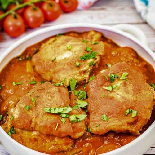 Chicken Cacciatore in a white bowl.