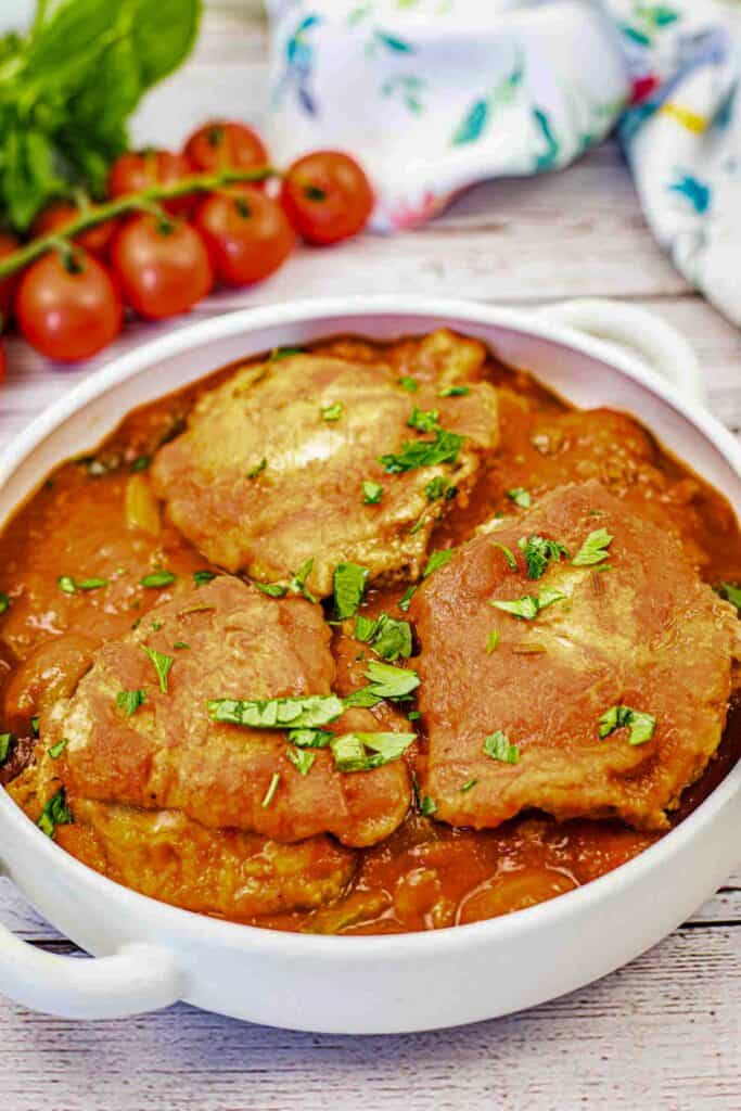 Chicken Cacciatore in a white bowl.