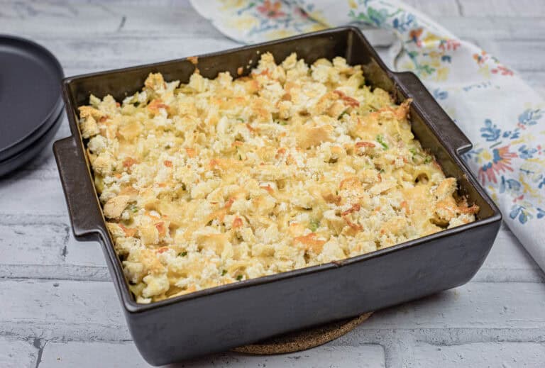 Classic tuna noodle casserole in a casserole dish.