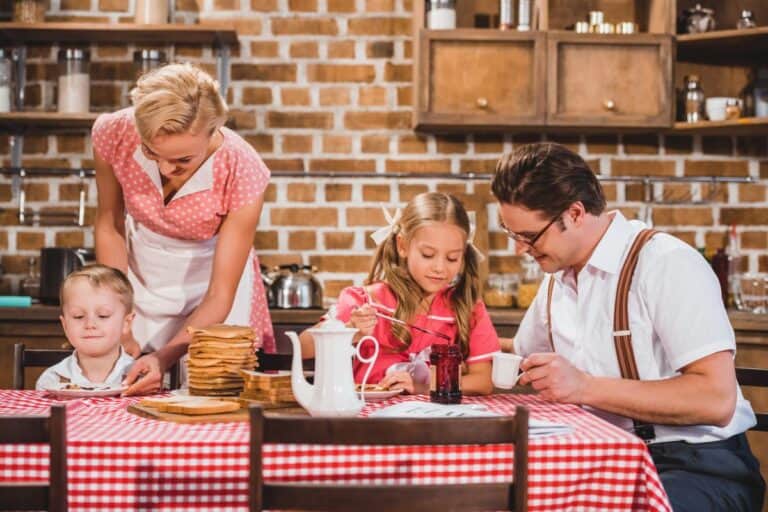 Vintage-styled family having a meal together.