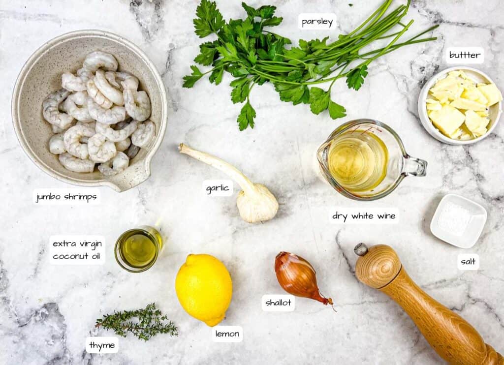 Shrimp scampi ingredients with labels.