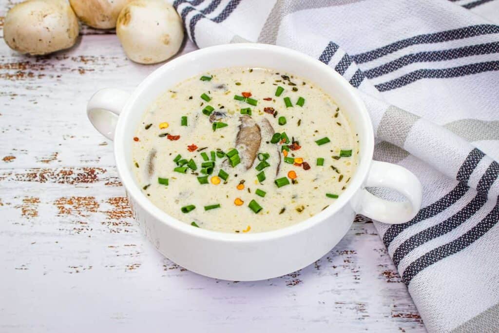 Cream of mushroom soup in a bowl.