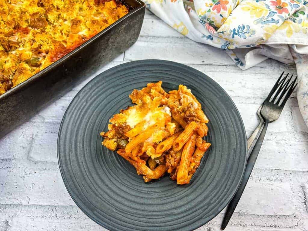 Sloppy Joe Casserole on a black plate.