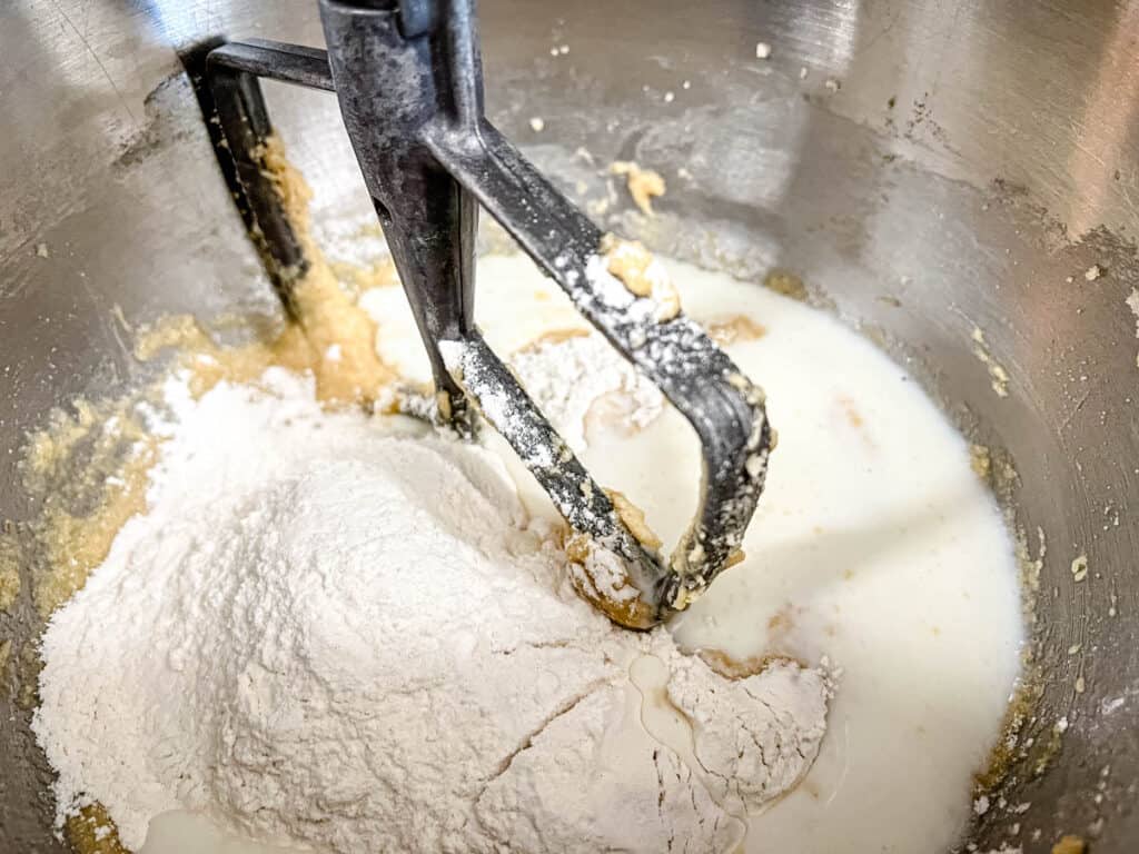 Add half the flour mixture and 1 cup of buttermilk.