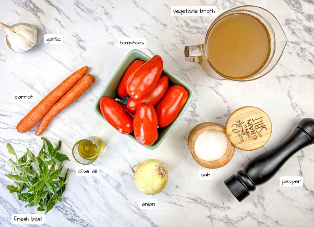 Old Fashioned Tomato Soup ingredients with labels.