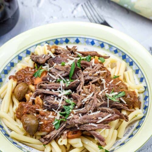 A bowl of Italian Pot Roast Pasta.
