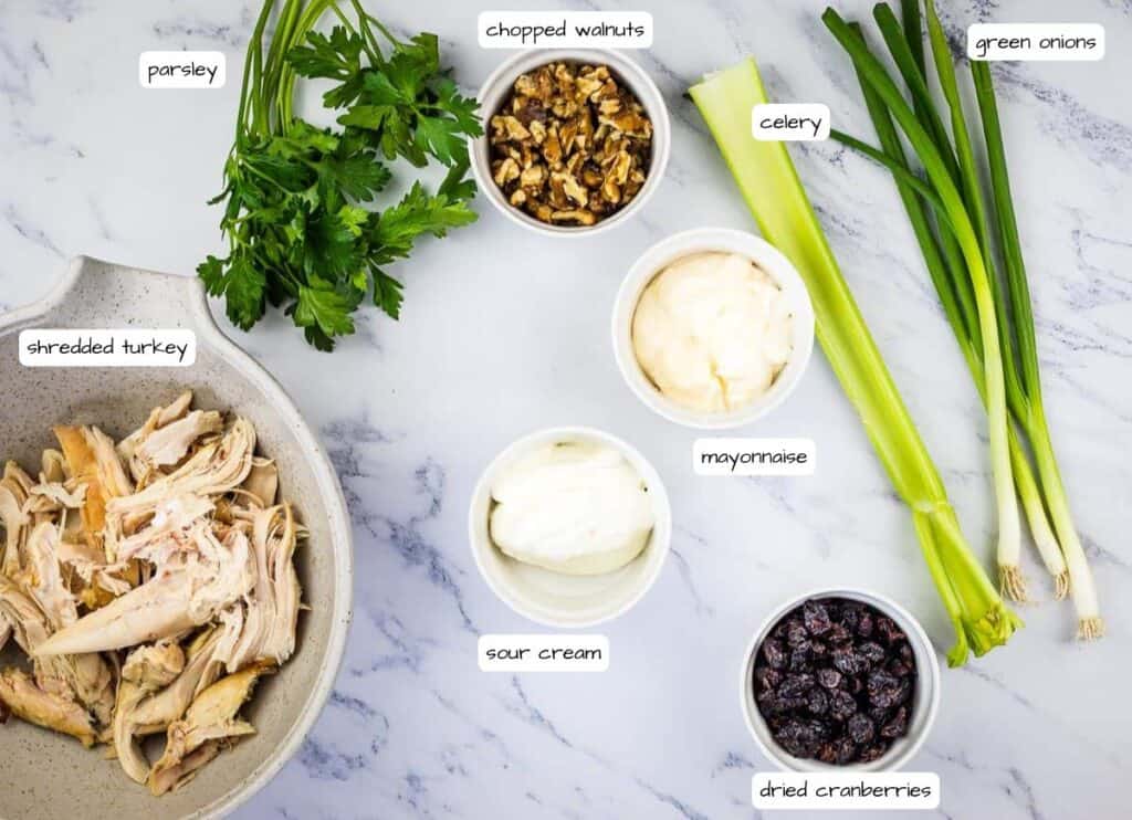 Turkey Salad with Cranberries & Walnuts ingredients with labels.