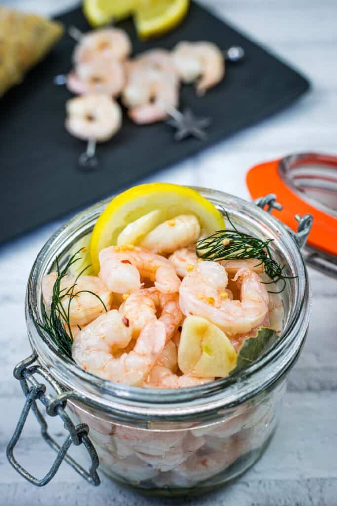 A jar with a Southern Style Pickled Shrimp.