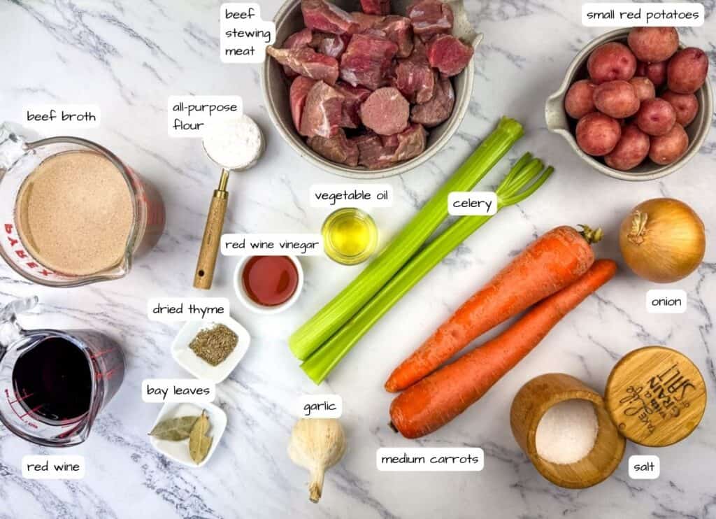 Beef Stew ingredients with label