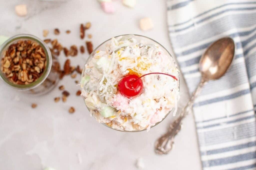 Top view of a Sunday brunch dessert showcasing Ambrosia Salad.