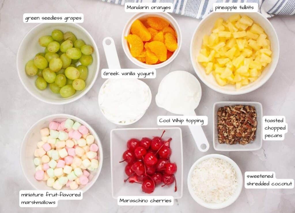 Ambrosia salad ingredients with label.