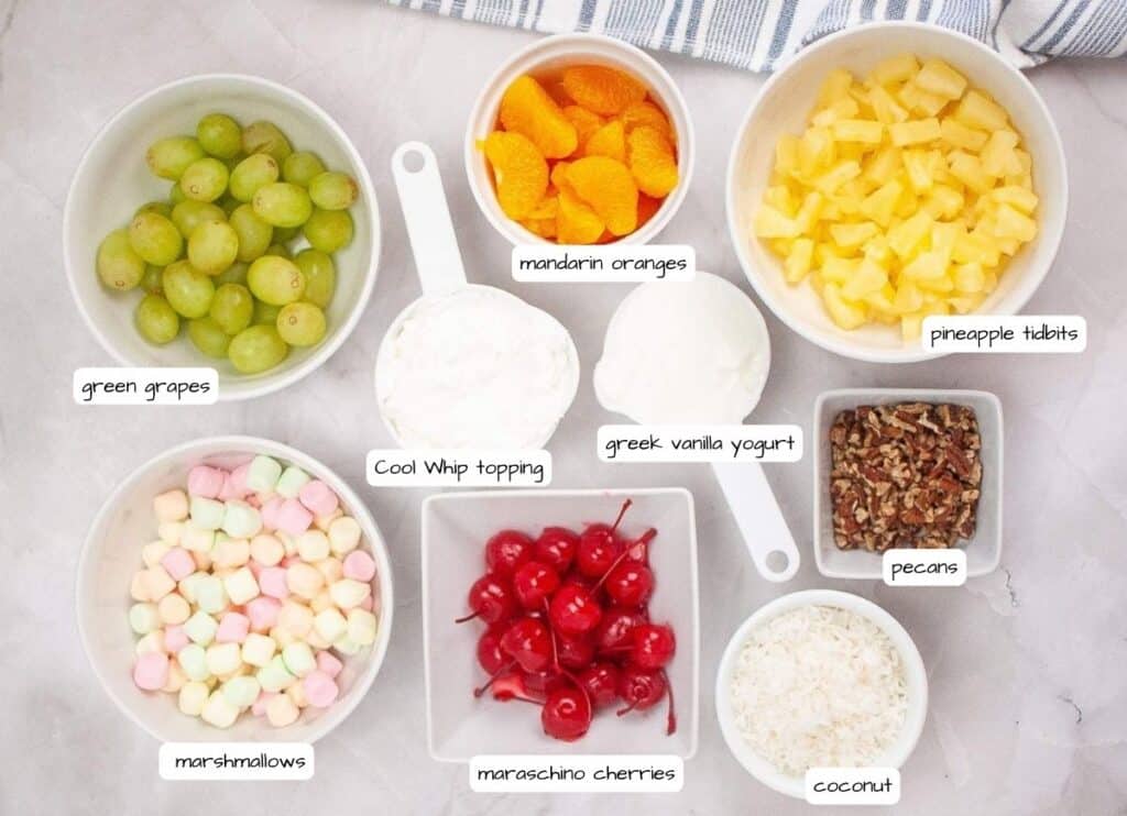Ambrosia salad ingredients with label.