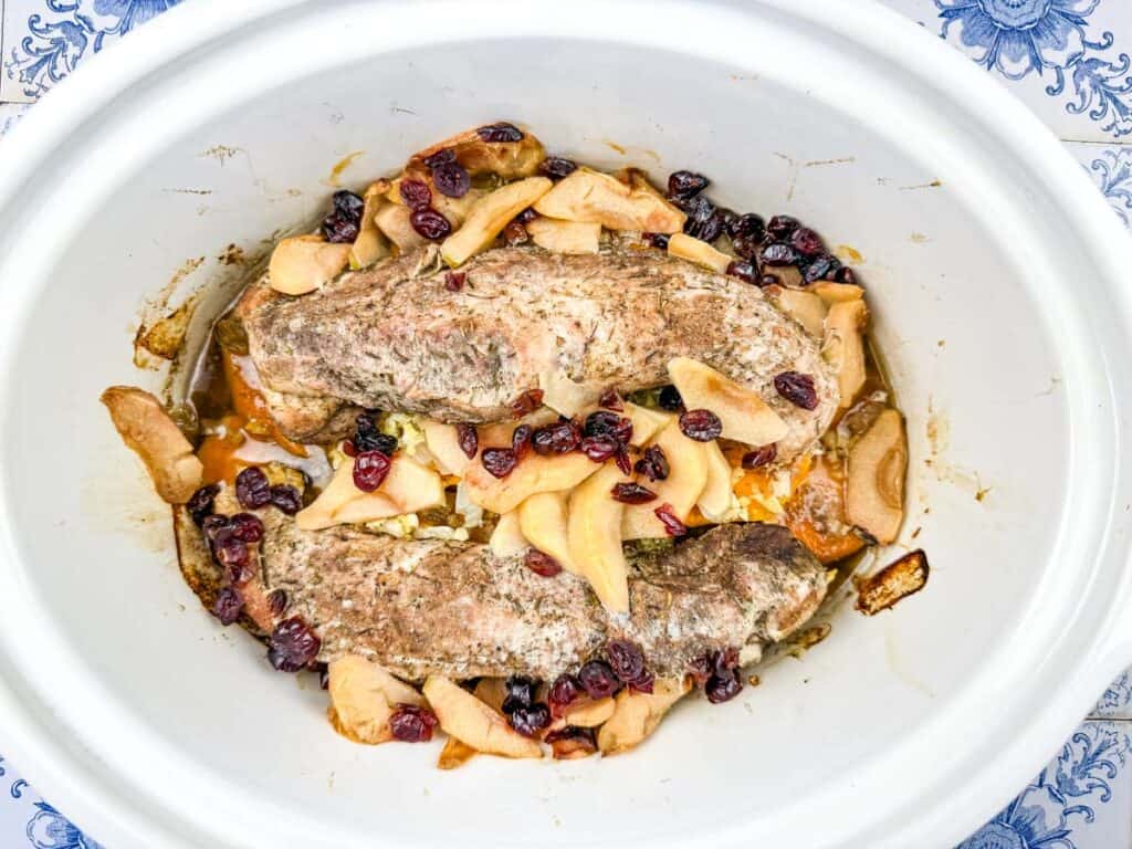 Cooked Pork Tenderloin with Sweet Potatoes & Apples.