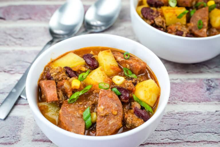 Texas cowboy stew in a bowl.