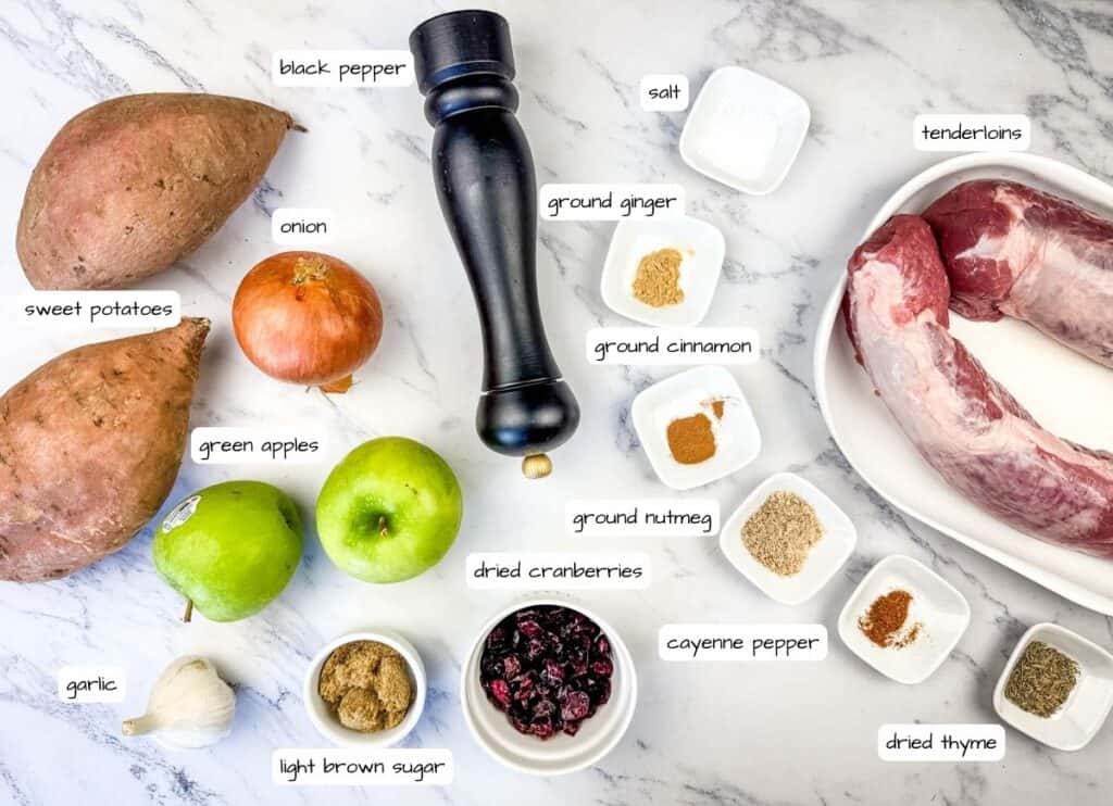Slow Cooker Pork Tenderloin with Sweet Potatoes & Apples ingredients on the table with label.