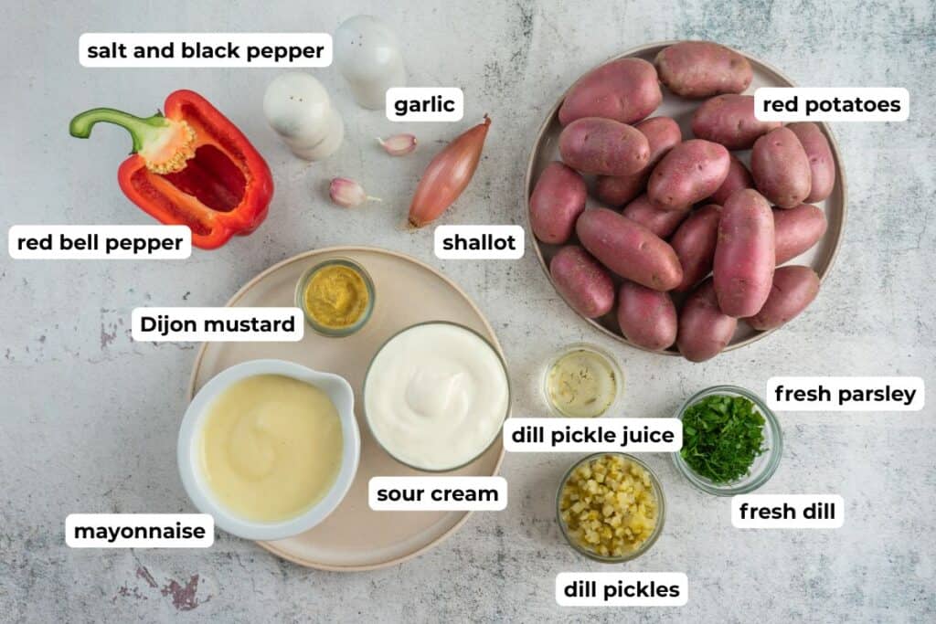 Ingredients for Creamy Red Potato Salad with Pickle.