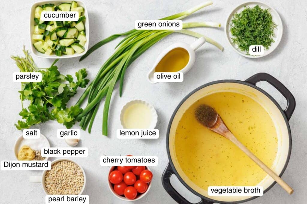 Ingredients for a soup or salad are arranged on a table, including cucumber, green onions, dill, parsley, cherry tomatoes, pearl barley, and a pot of vegetable broth with a wooden spoon.