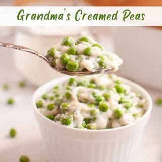 A spoonful of creamed peas held over a white ramekin filled with the same dish; the text "Grandma's Creamed Peas" appears at the top.