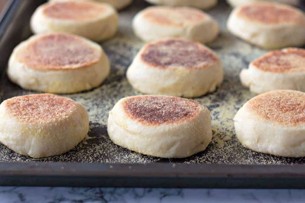 A baking tray with several English muffins, dusted with cornmeal