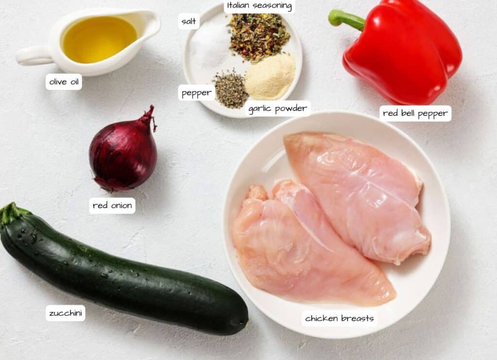 Top-down view of raw chicken breasts, red bell pepper, zucchini, red onion, olive oil, salt, pepper, garlic powder, and Italian seasoning on a white surface. Labels identify each ingredient.