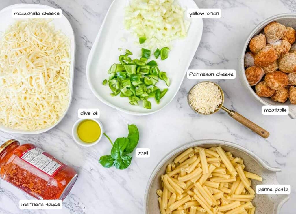 Mom's Meatball Casserole ingredients with labels.