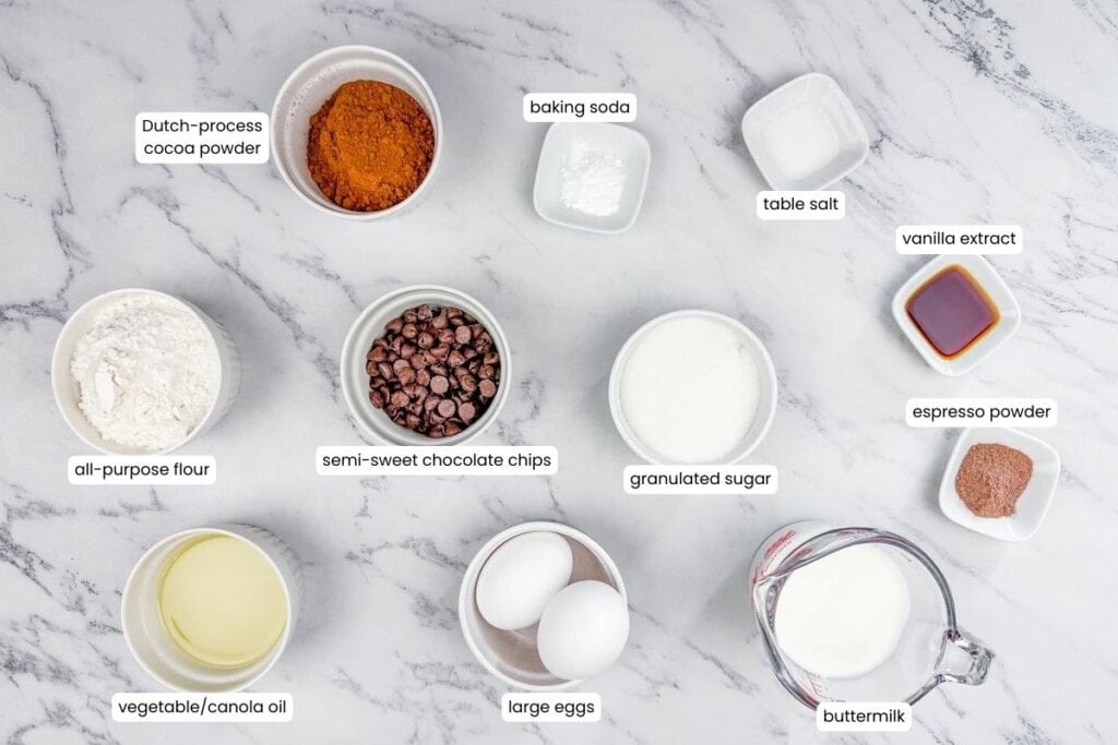 A top-down view of labeled baking ingredients in bowls and a measuring cup, including cocoa powder, flour, chocolate chips, sugar, eggs, buttermilk, oil, vanilla, espresso, baking soda, and salt.
