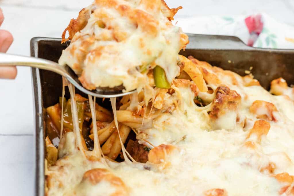 Close-up shot of Mom's Meatball Casserole.