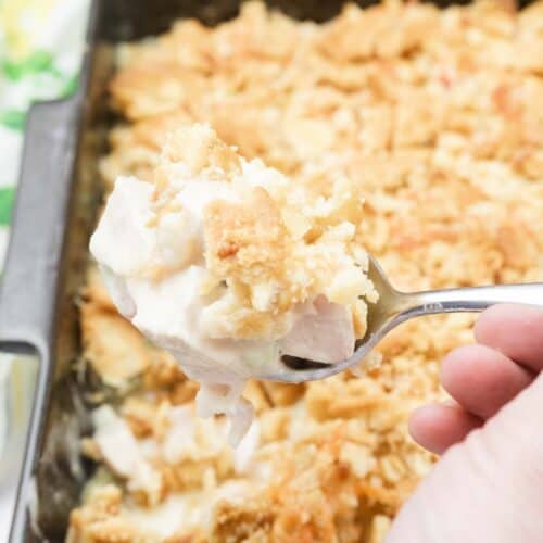A hand holding a spoon over a casserole dish with chicken.