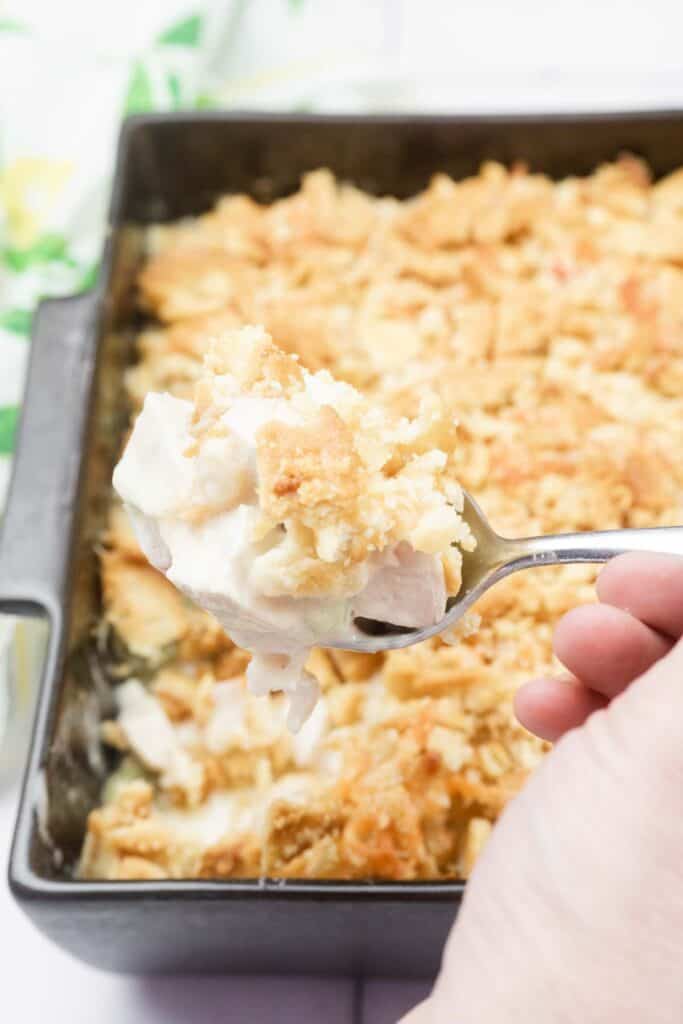 A hand holding a spoon over a casserole dish with chicken.