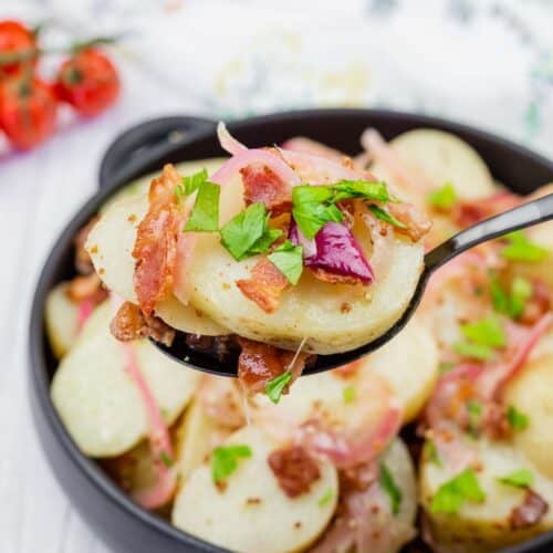 A black spoon holds sliced potatoes, bacon, onions, and parsley above a bowl filled with the same potato salad.