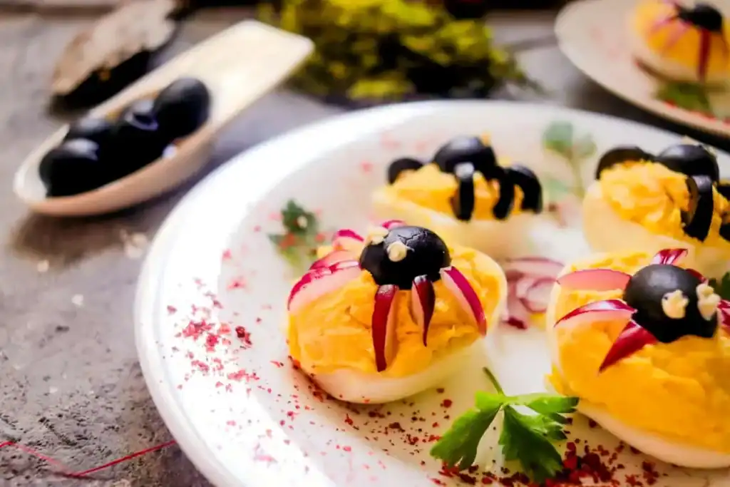 Deviled eggs on a white plate decorated to look like insects using black olives and sliced vegetables, garnished with herbs and spices.