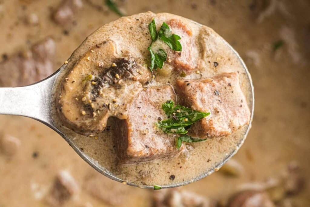 A spoonful of creamy beef stroganoff with chunks of beef, sliced mushrooms, and fresh herbs in a light brown sauce.