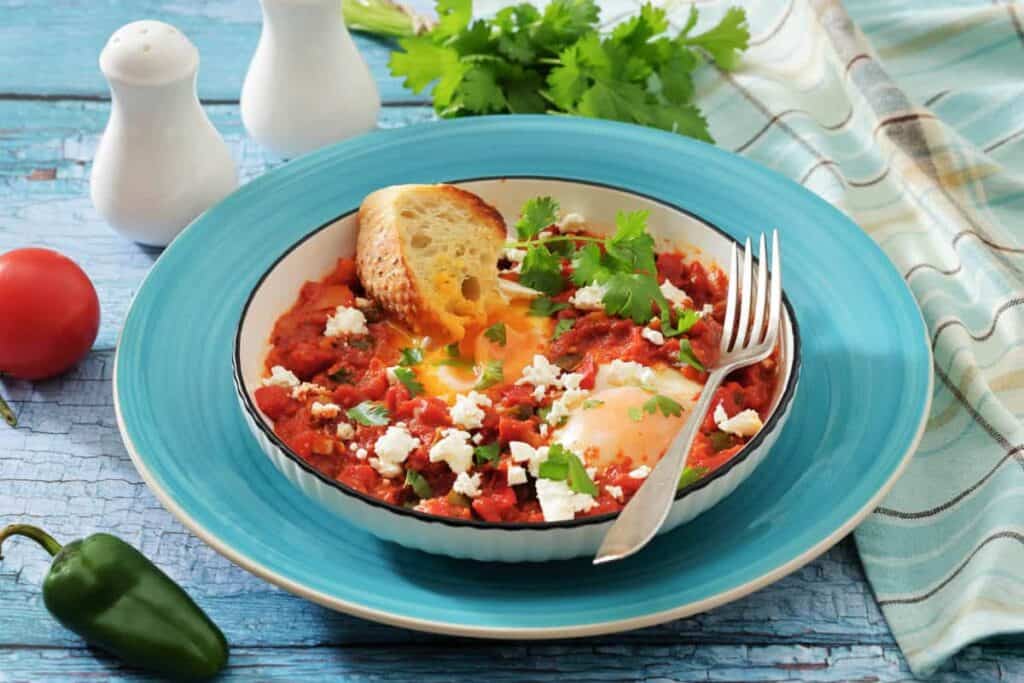 A bowl of shakshuka with poached eggs in tomato sauce, topped with feta and cilantro, served with a slice of toasted bread on a blue plate, and a fork beside it.