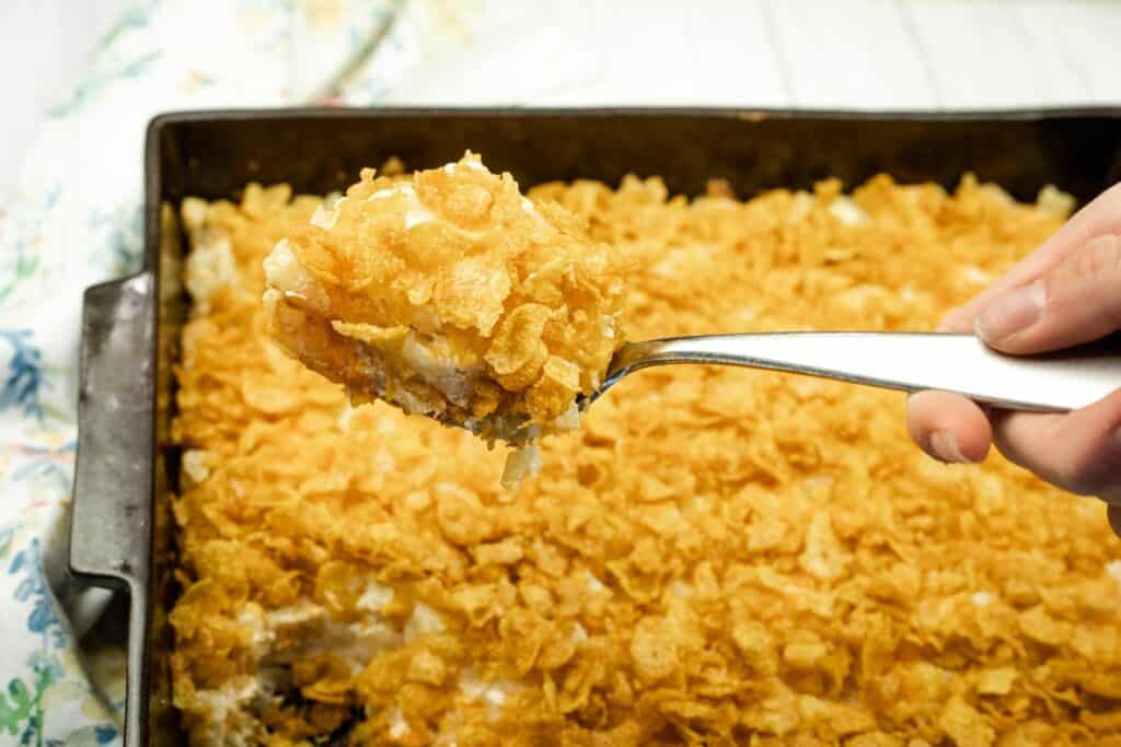 A spoonful of food in a pan.