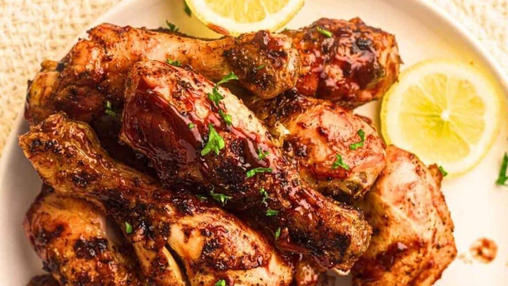 Plate of glazed grilled chicken drumsticks garnished with chopped herbs, served with lemon slices.