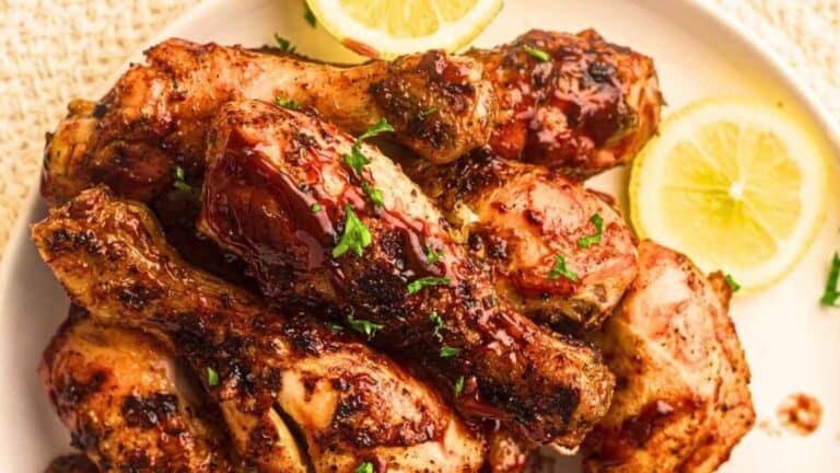Plate of glazed grilled chicken drumsticks garnished with chopped herbs, served with lemon slices.