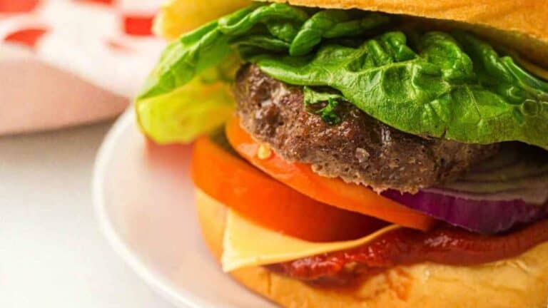 Close-up of a hamburger with lettuce, tomato, onion, cheese, ketchup, and a beef patty in a bun, served on a white plate.