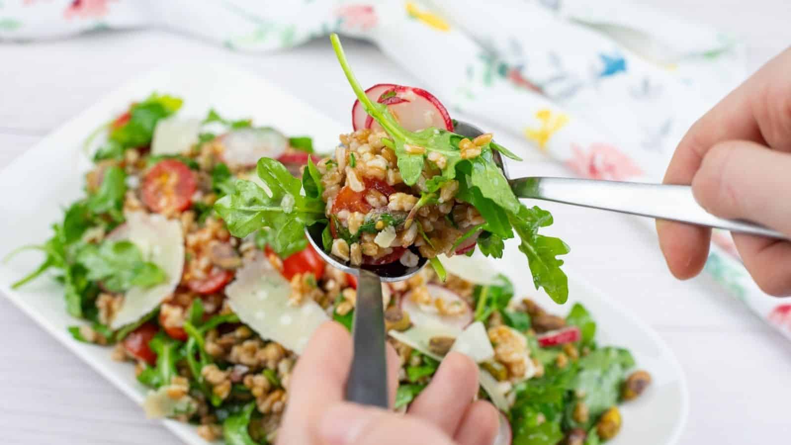 A close-up of a hand holding a spoonful of Copycat Charlie Bird’s Farro Salad over a plate of the same salad.