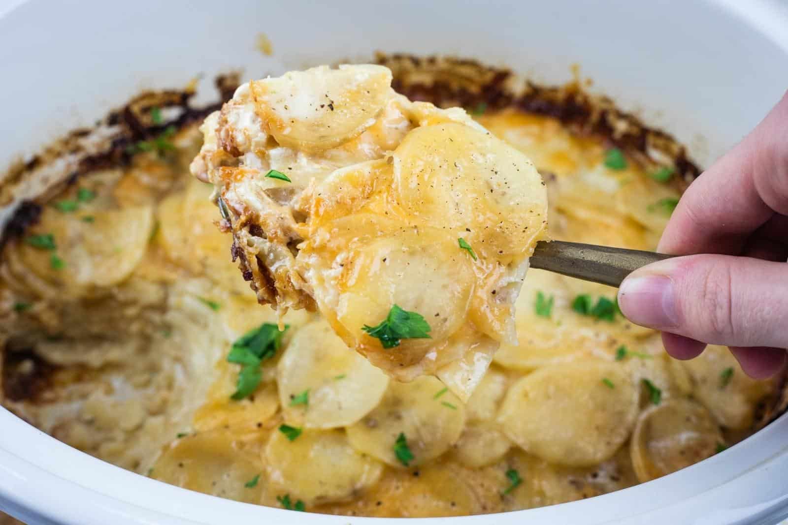 A hand holding a serving spoon with cheesy scalloped potatoes above a casserole dish filled with more scalloped potatoes, garnished with parsley.