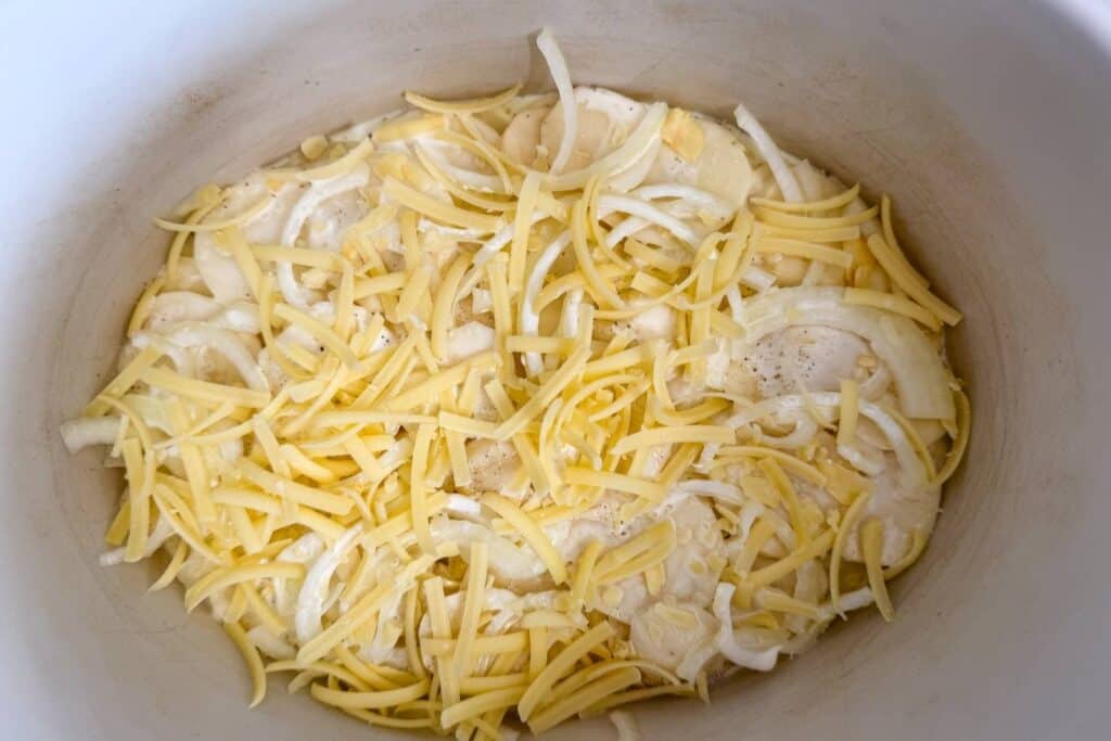 Sliced onions and cheese are layered in a white baking dish, ready to be cooked.