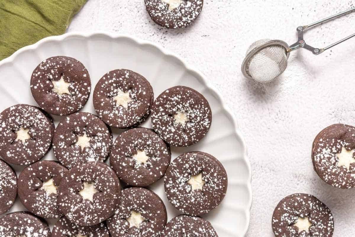 A plate of round chocolate cookies with star-shaped centers, dusted with powdered sugar. A metal sifter with powdered sugar is on the side.